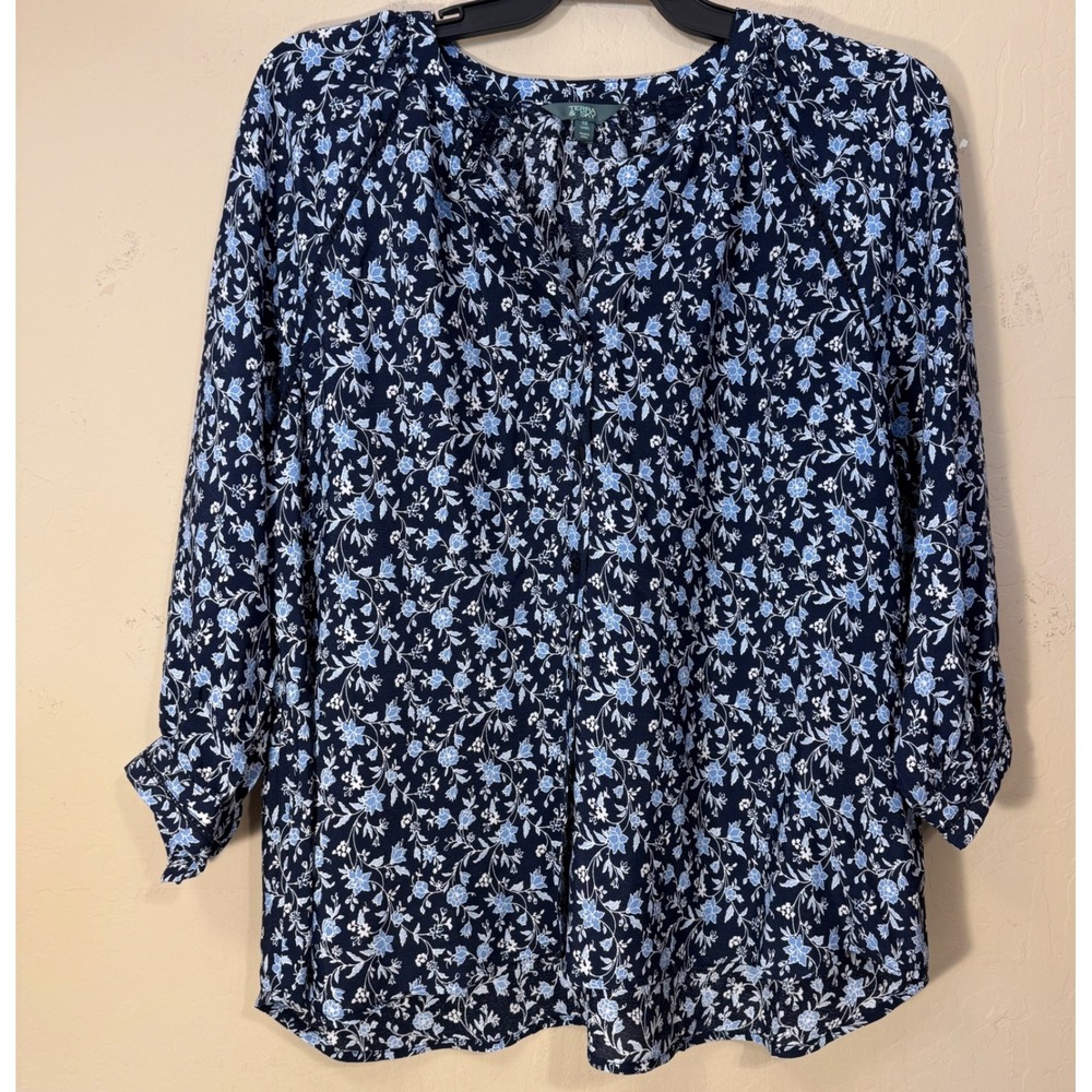 Terra &‎ Sky Blouse Women 0X Blue Floral 3/4 Sleeve Button Top Boho NEW